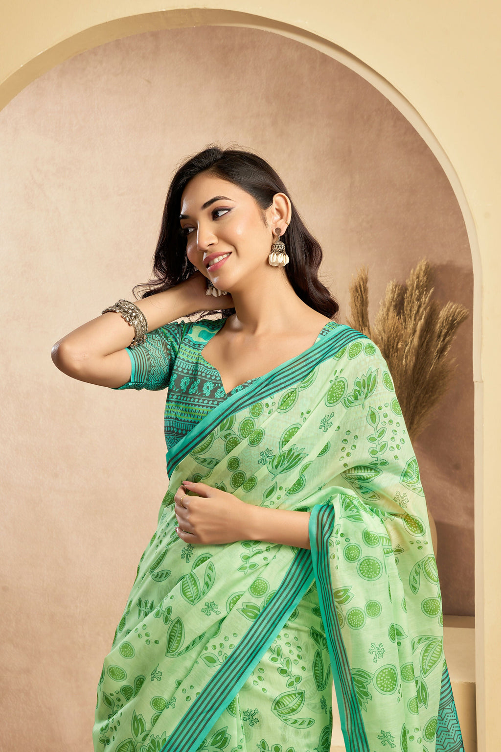 Vastranavya Mint Green Digital Printed Linen Ready To Wear Designer Saree with Unstitched Blouse