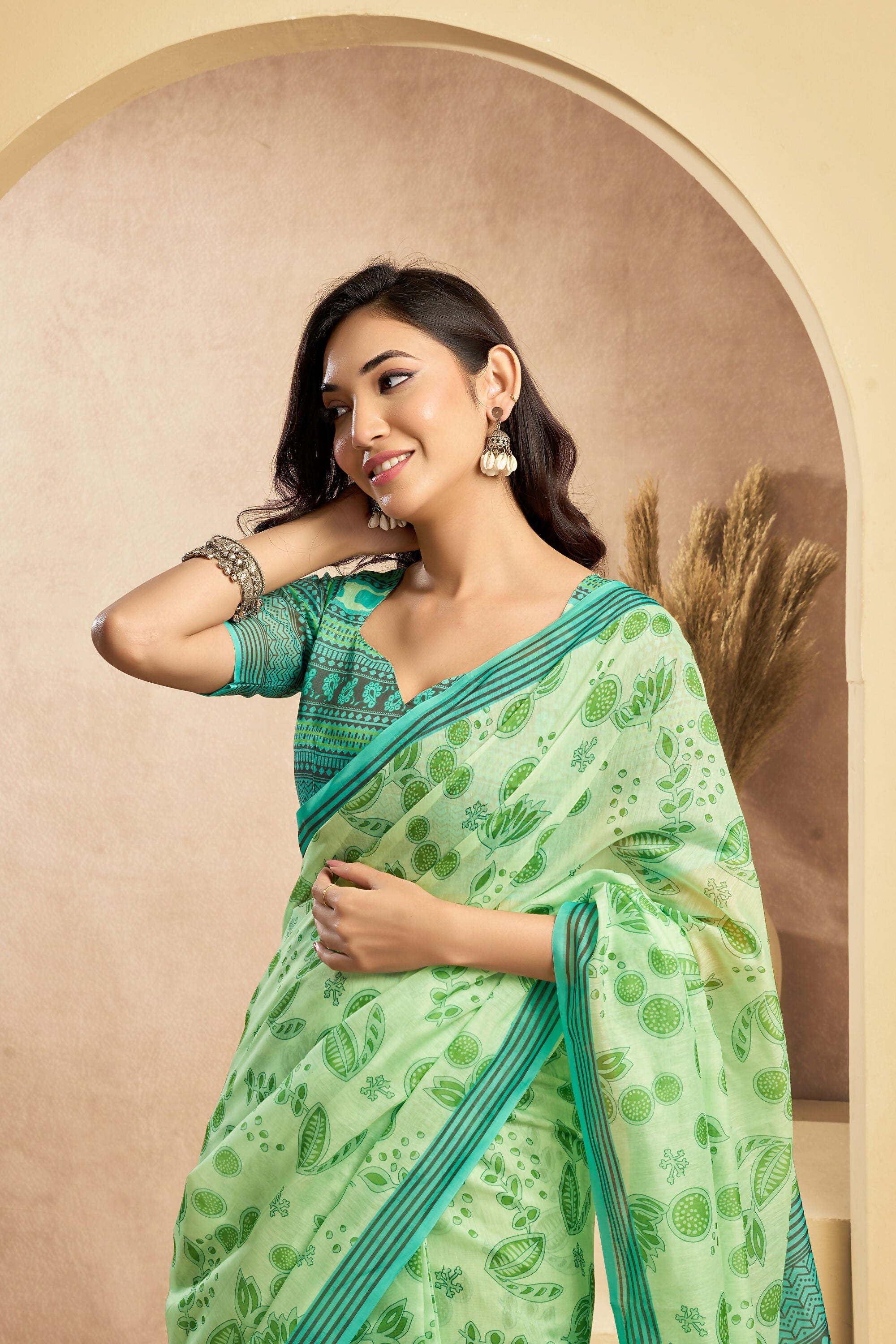 Vastranavya Mint Green Digital Printed Linen Ready To Wear Designer Saree with Unstitched Blouse