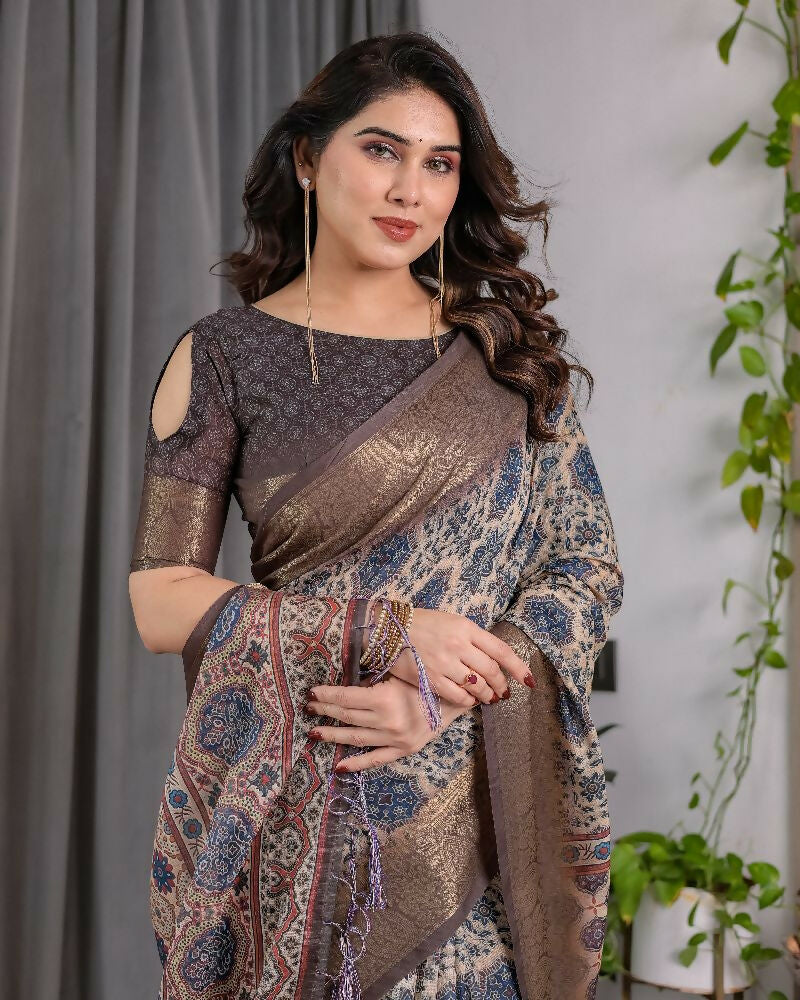 PR Fashion Grey Pure Handloom Linen Saree