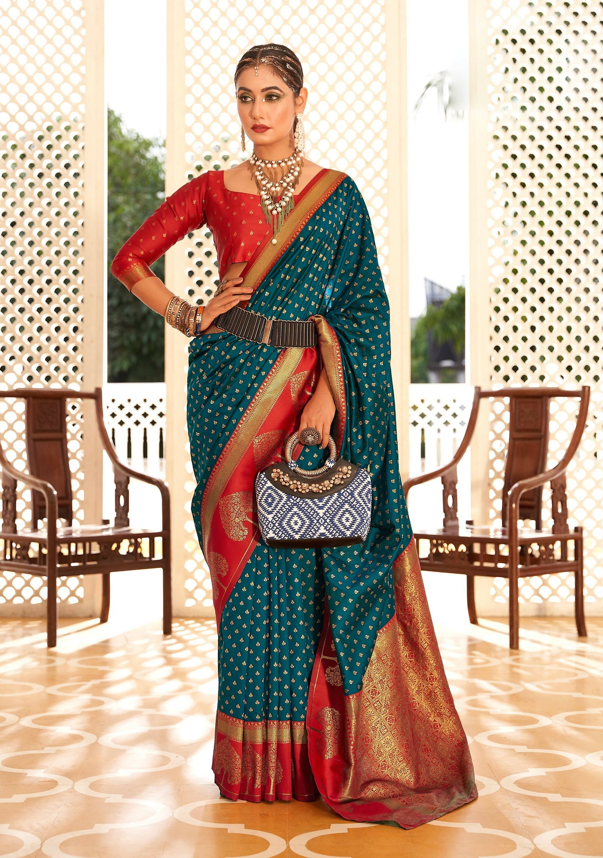 Teal Soft Banarasi Paithani Copper Zari Weaving Saree With Unstitched Blouse Piece - Jodha