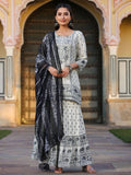 Juniper Women's Off White Rayon Floral Placement Kurta With Sharara And Dupatta Set