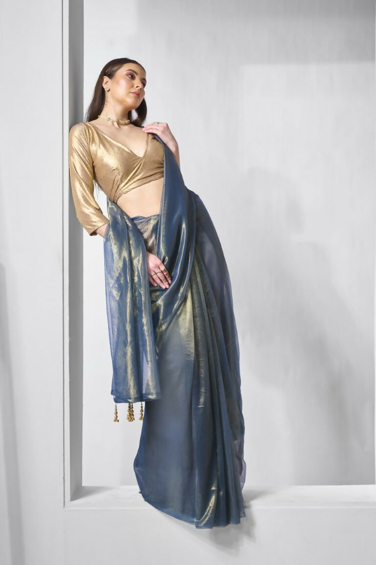 Blue Gold Tissue Net Solid & Gold Cotted Saree - Samaa