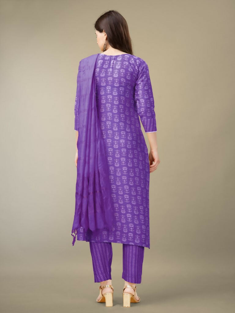 Jyoti Fashion Women's Purple Rayon Embroidery & Sequence work Kurta with Trouser & Dupatta
