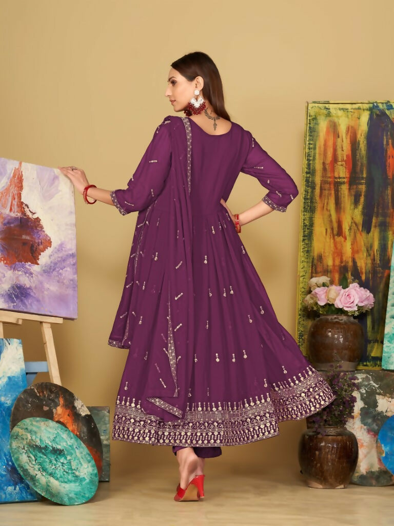 Jyoti Fashion Women's Purple Georgette Embroidered Anarkali Kurta Pant Set With Dupatta