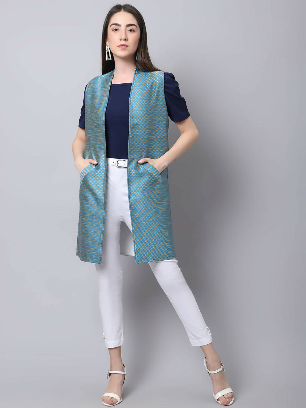 Even Apparels Blue Bansari Silk Open Front Women's Long Coat