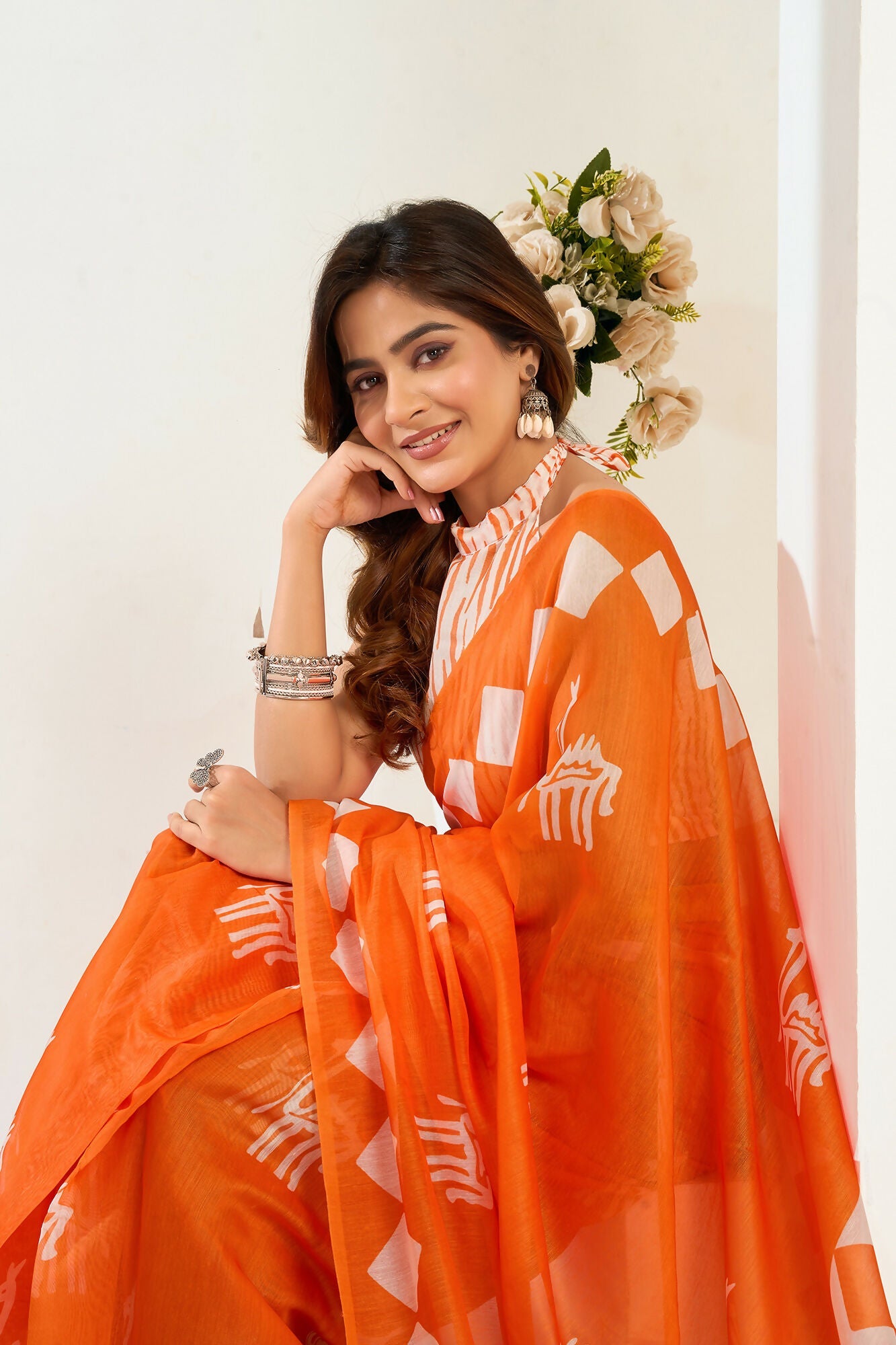 Vastranavya Orange Digital Printed Linen Ready To Wear Designer Saree with Unstitched Blouse