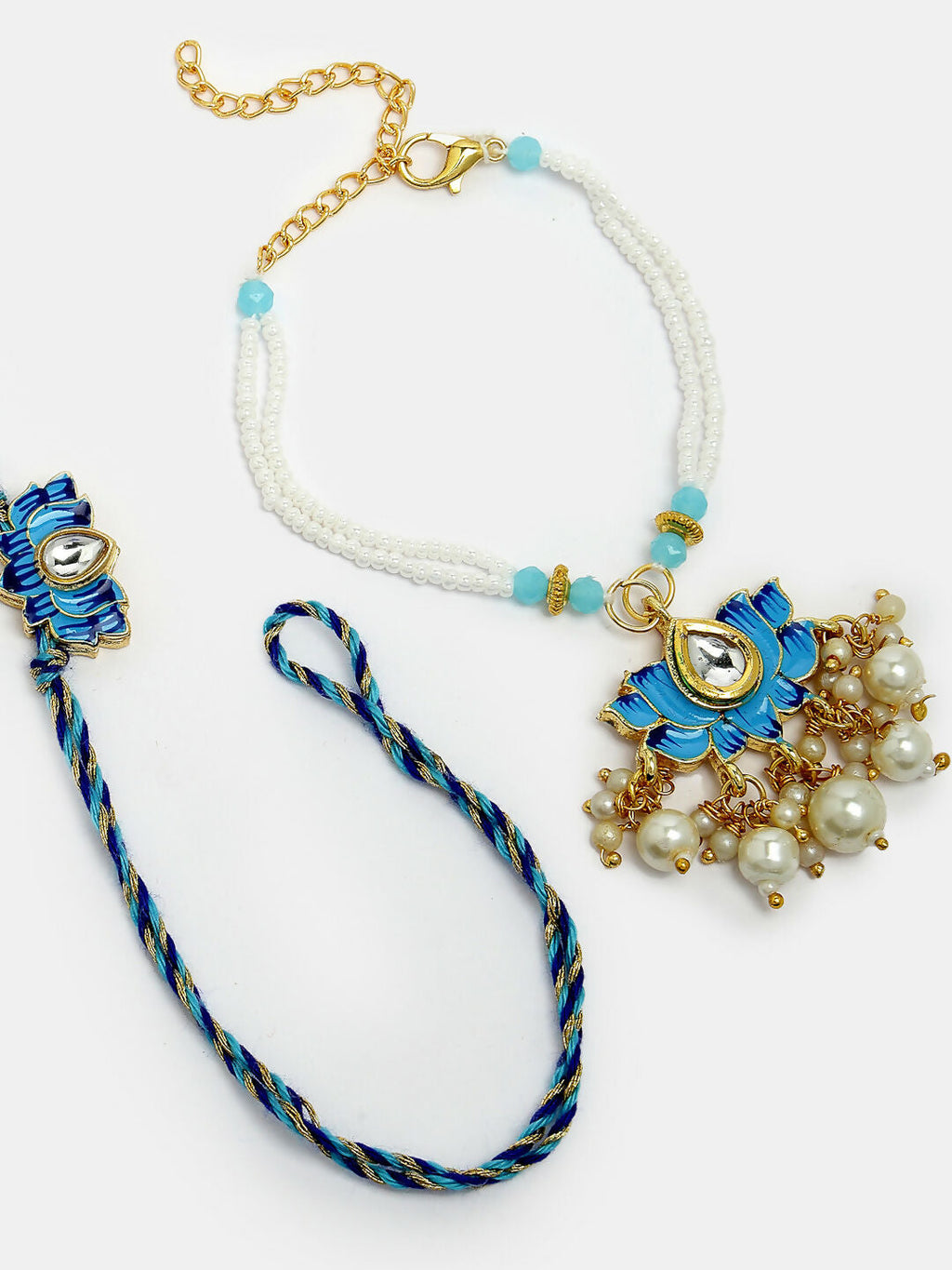 NVR Women & Men Set of 2 Blue Lotus Shape Kundan-Studded & Beaded Handcrafted Wraparound Rakhi Set With Roli Chawal