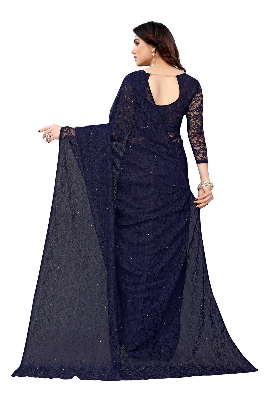 Vamika Ethnic Fire Navy Pearls Net Saree