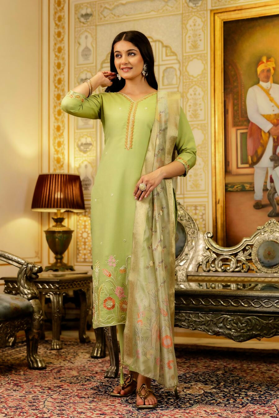 The52 Lemons Women's Beautiful Viscose Shimmer Fabric Embroidered Work Straight Kurta Pant and Dupatta Set