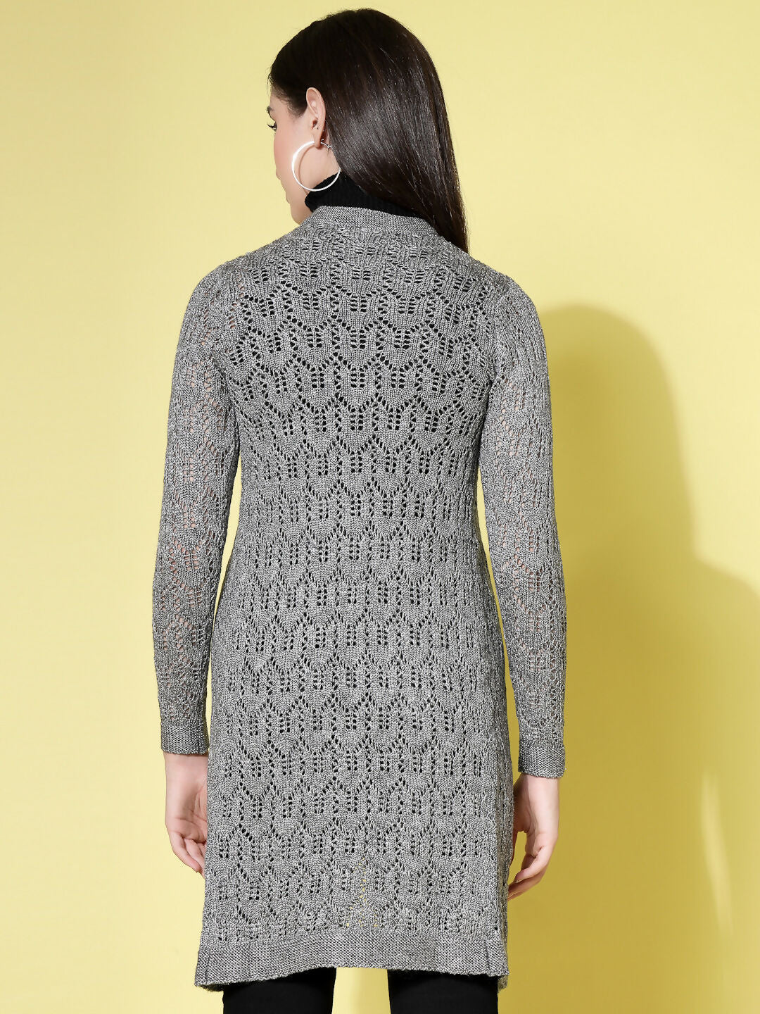 Women Self Design Long Grey Acrylic Winter Shrug - Wool Trees