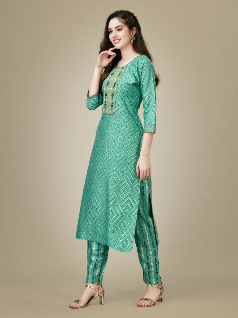 Jyoti Fashion Women's Pista Green Rayon Embroidered Kurta Pant Set