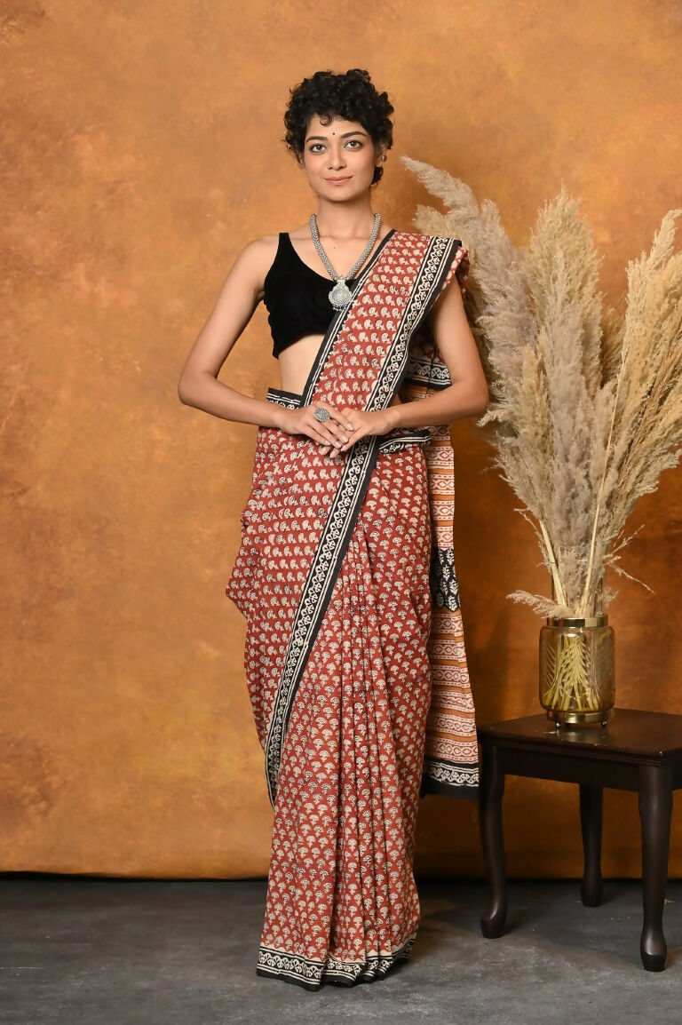 Very Much Indian Handblock Printed Cotton Saree With Natural Dyes - Orange