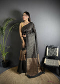 Joban Fashion Black Banarasi Soft Lichi Silk Checks & Woven Saree