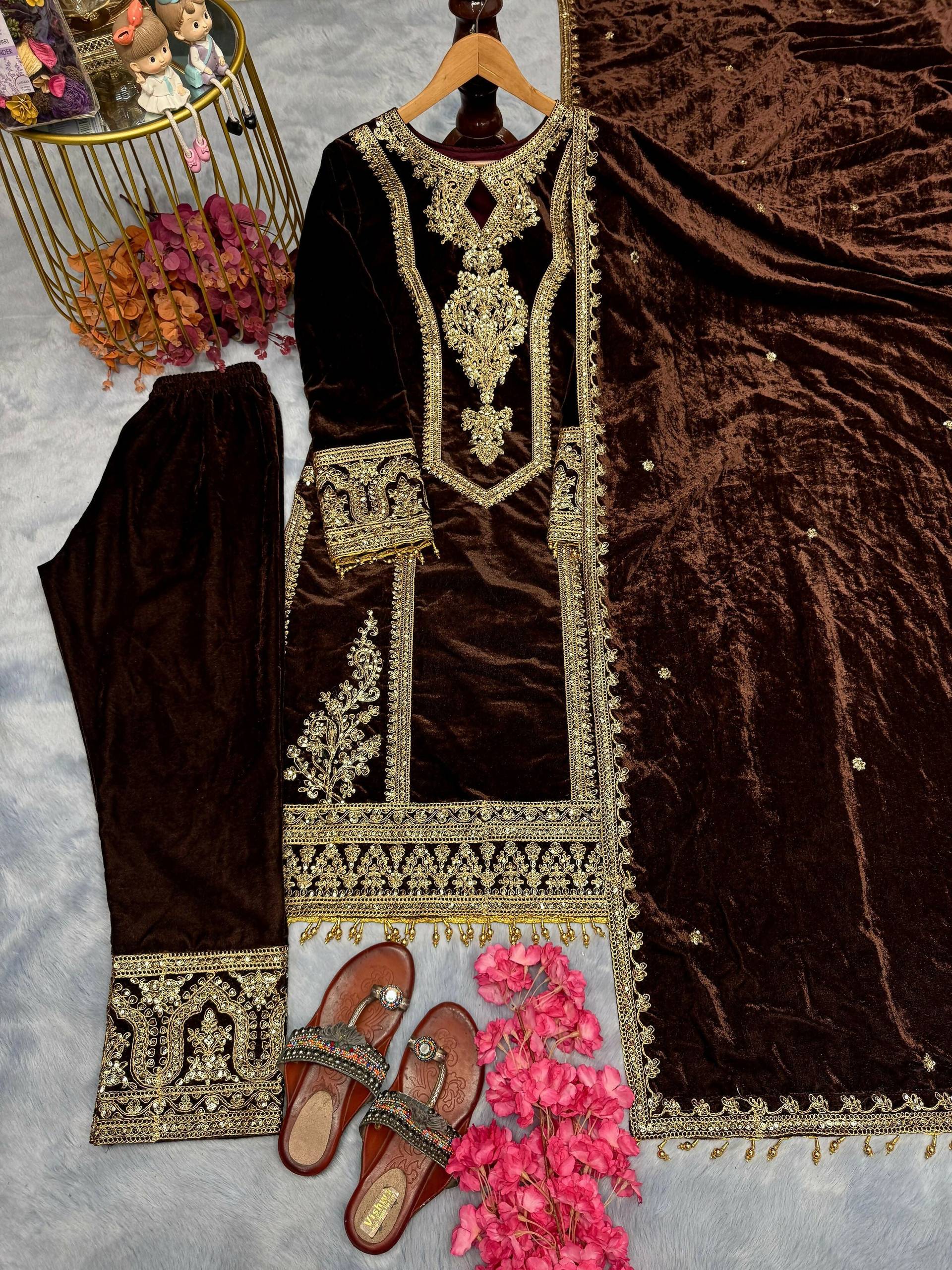 Teeya Creation Coffee Color Velvet Fabric Designer Embroidery Work Suit