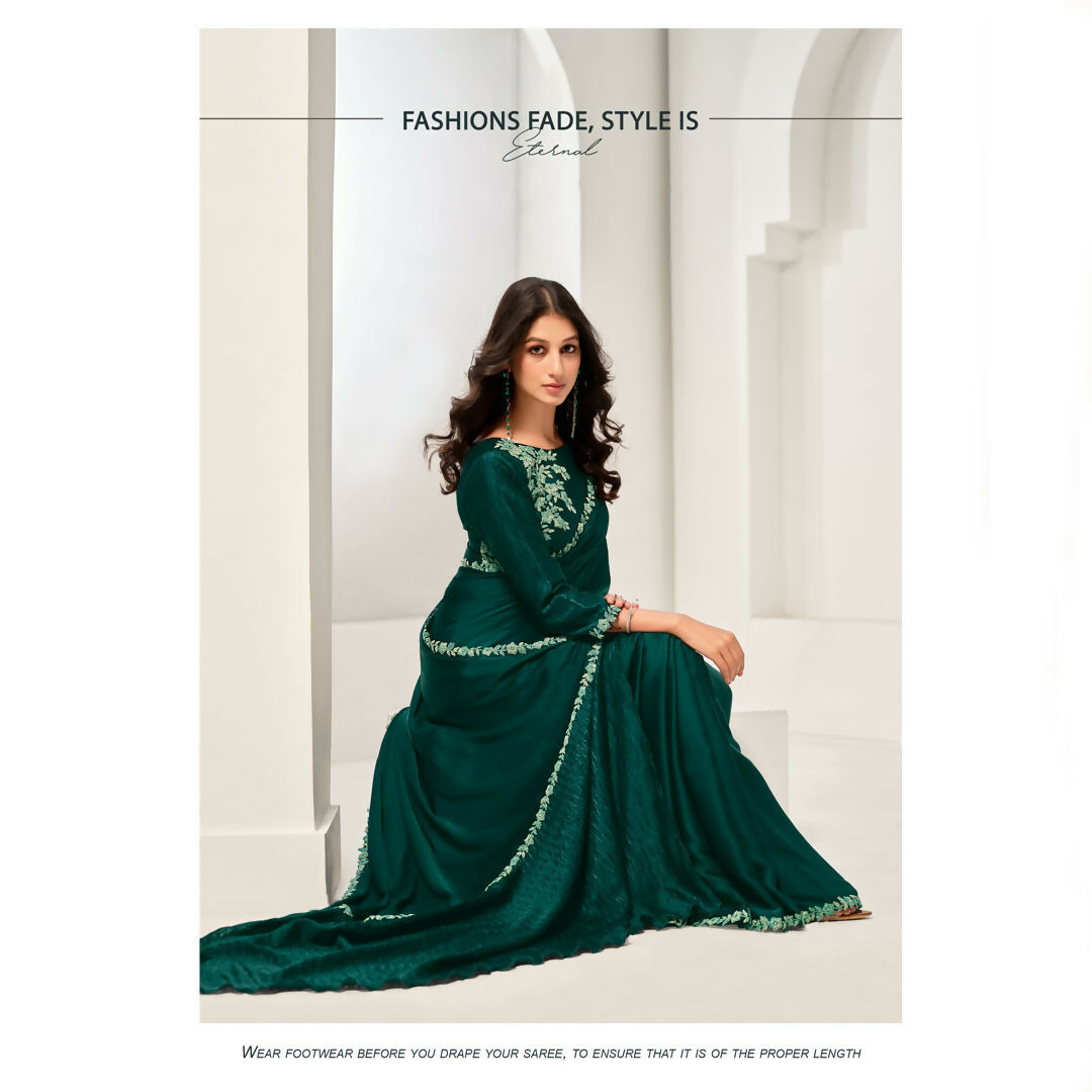 Green Crepe Satin Silk Handwork Saree With Unstitched Blouse - Norita Saanjh