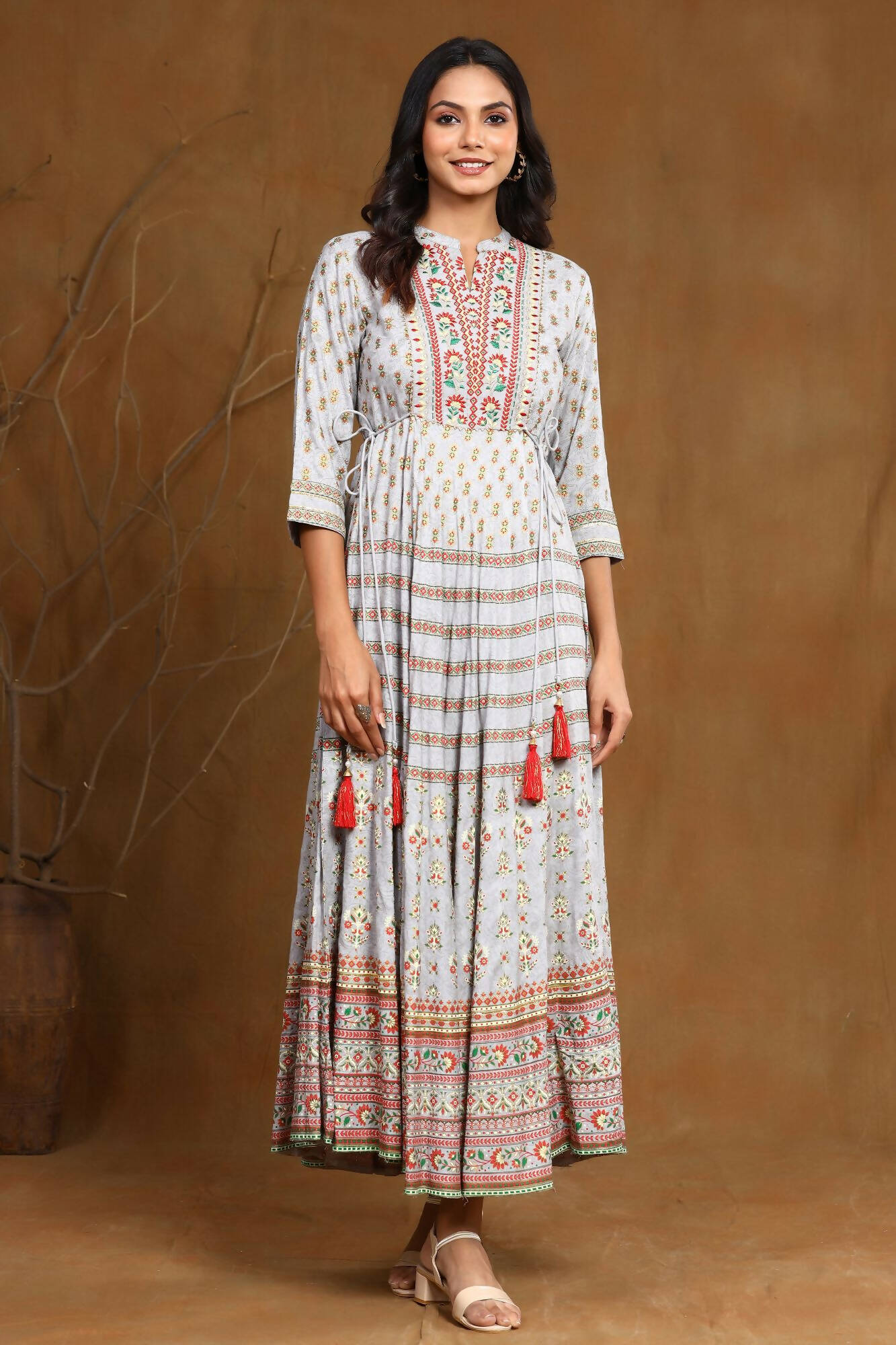 Juniper Women Grey Rayon Embroidered Flared Dress