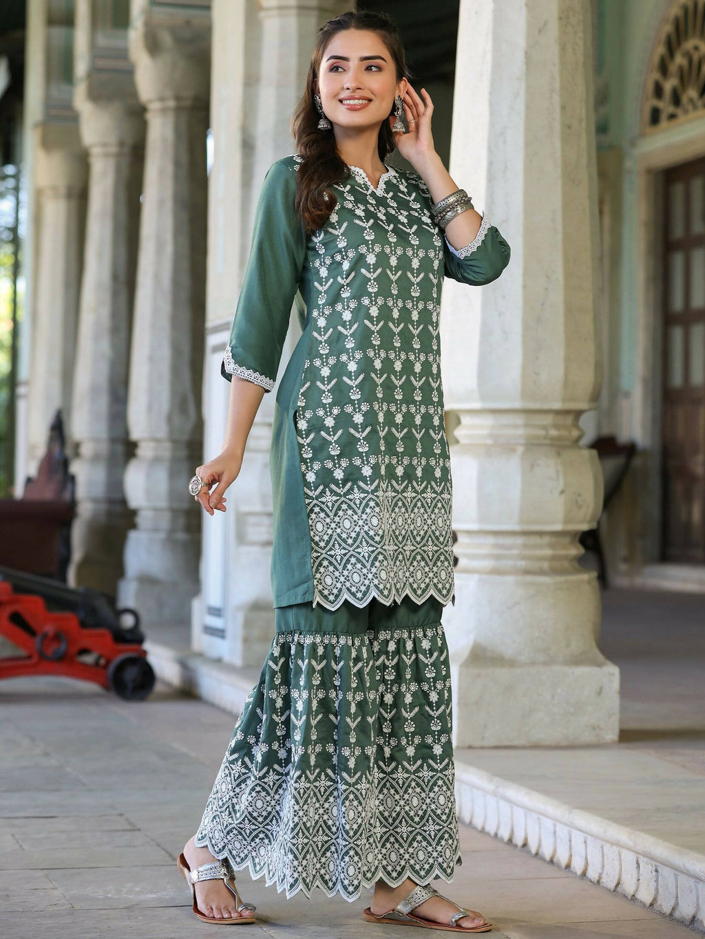 Juniper Women's Green Chinnon Embroidered Kurta Garara Set