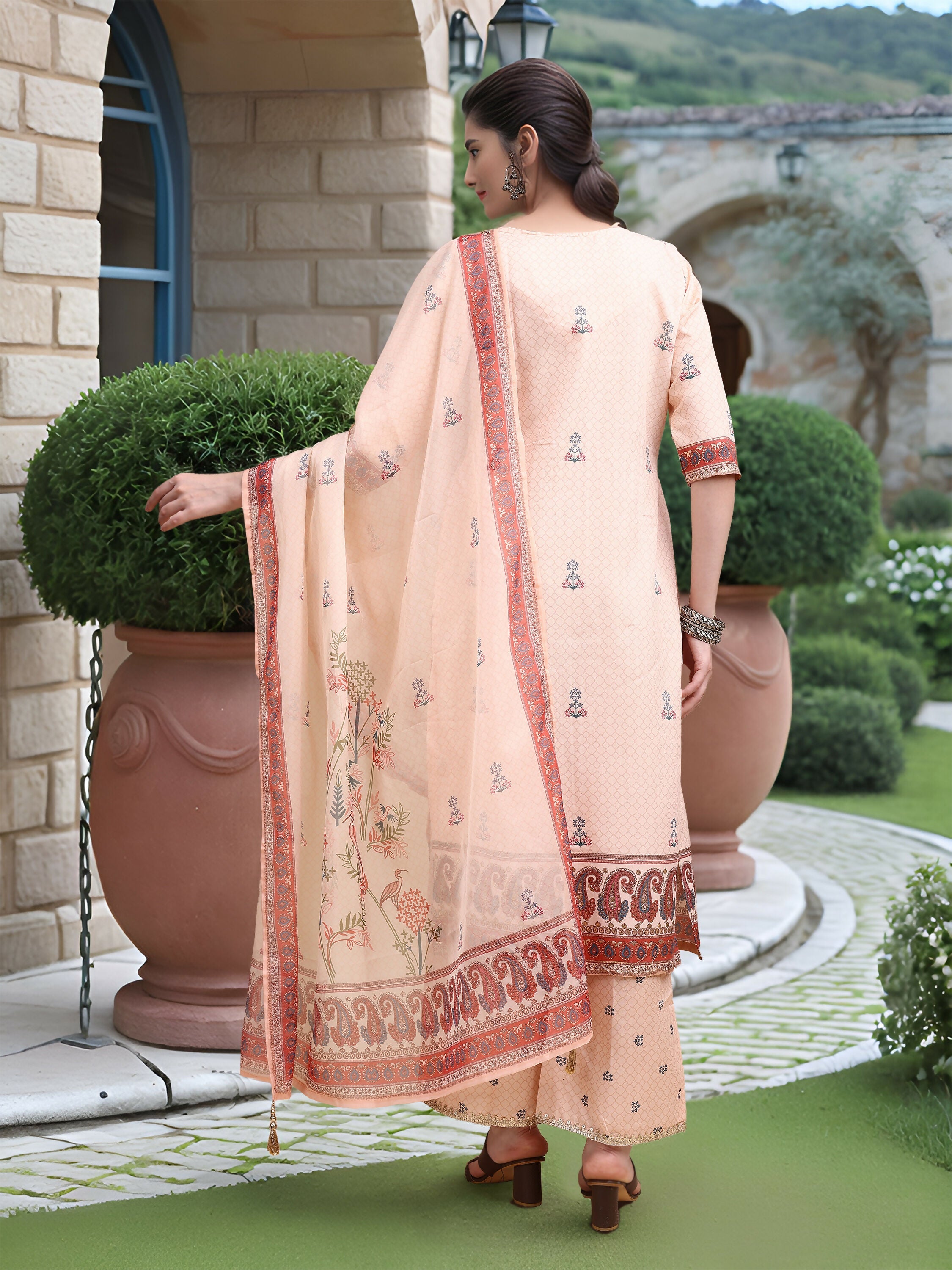 Joban Fashion Peach Position Digital Print With Position Foil Kurta Set