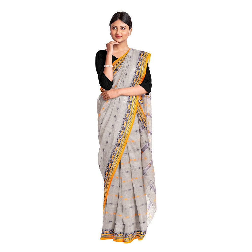 Exclusive Collection 100% Pure Cotton Light Grey Tant Saree With Hand Weaving Work