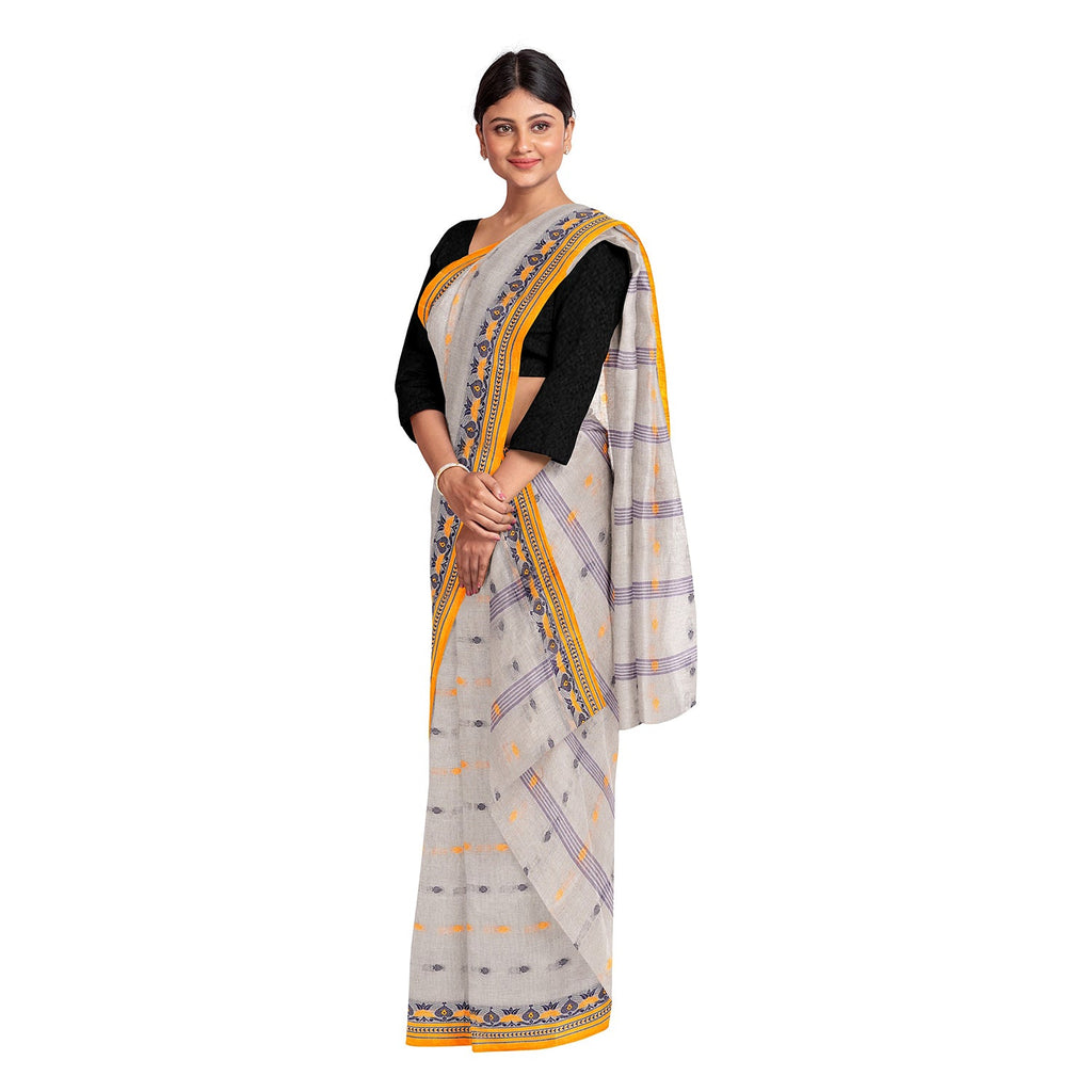 Exclusive Collection 100% Pure Cotton Light Grey Tant Saree With Hand Weaving Work