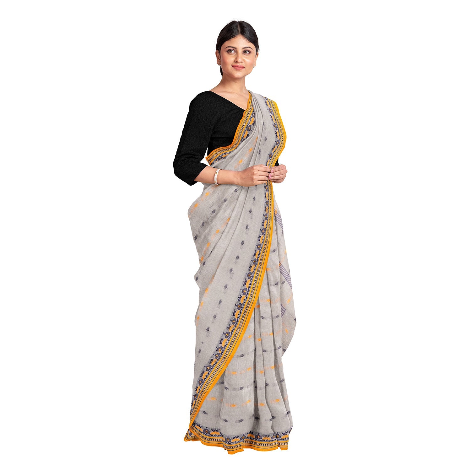 Exclusive Collection 100% Pure Cotton Light Grey Tant Saree With Hand Weaving Work