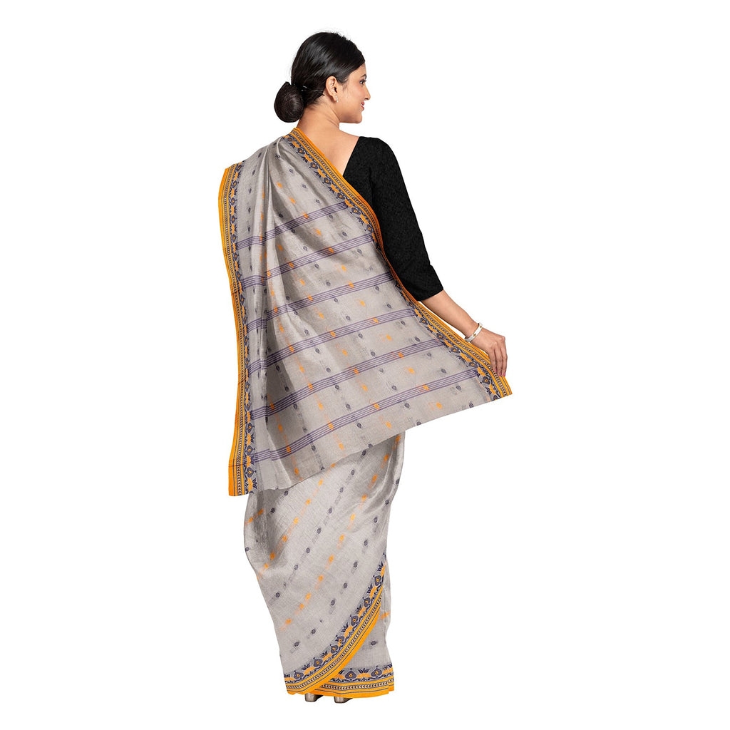 Exclusive Collection 100% Pure Cotton Light Grey Tant Saree With Hand Weaving Work