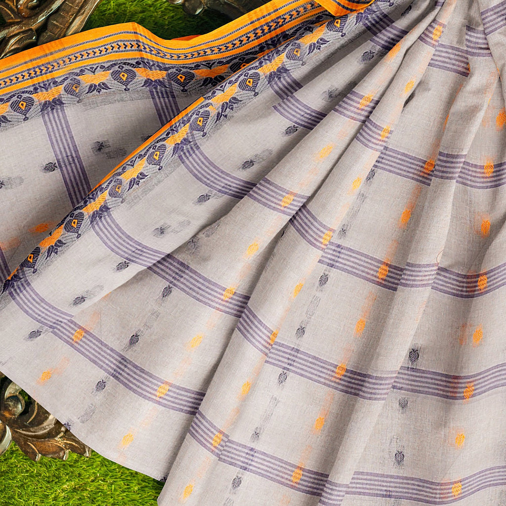 Exclusive Collection 100% Pure Cotton Light Grey Tant Saree With Hand Weaving Work