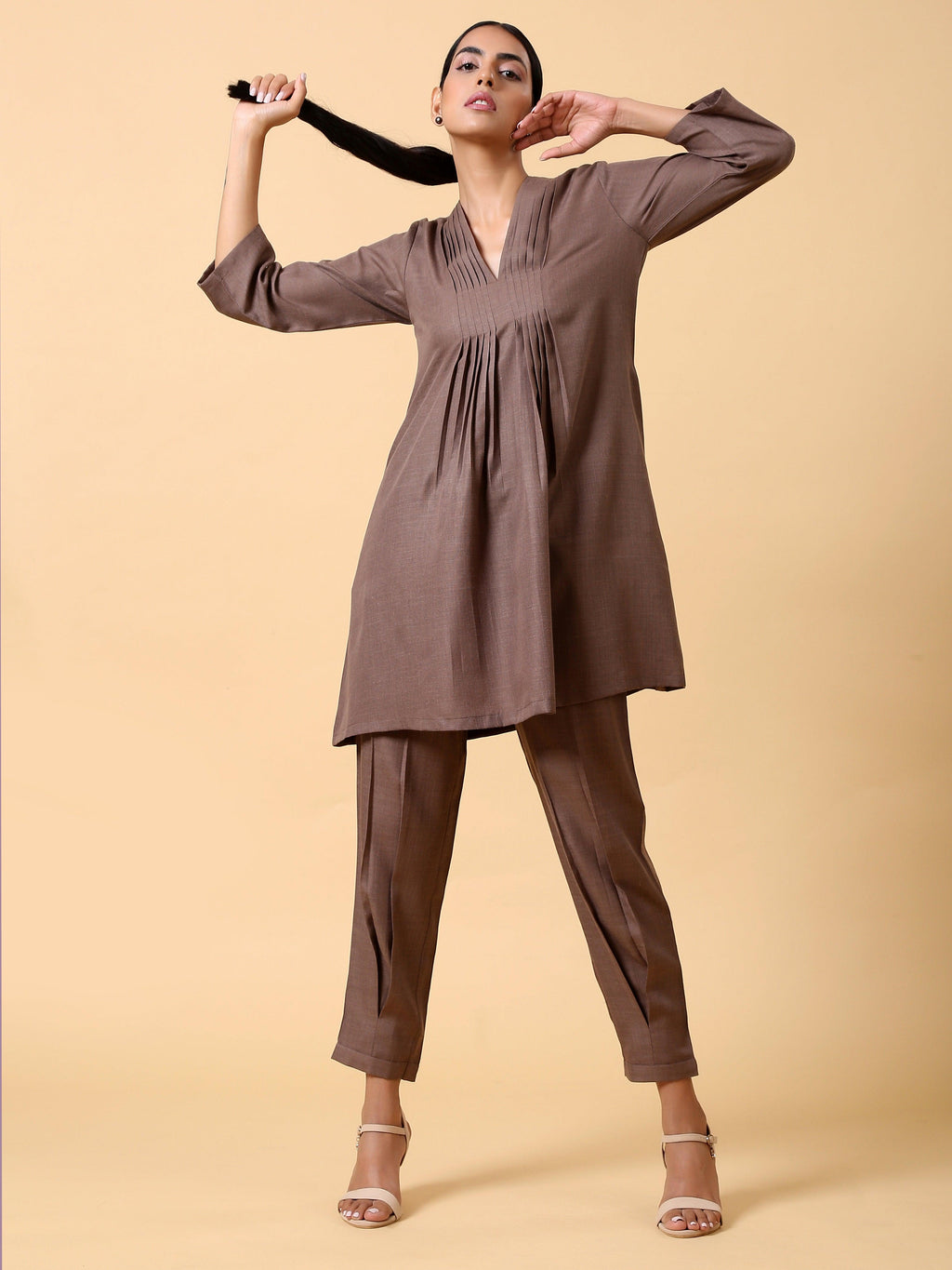 trueBrowns Cotton Linen Burnt Brown Pleated Co-Ord Set