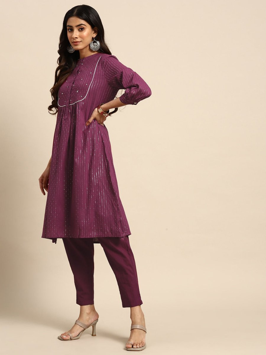 All About You Striped Pleated Sequinned Pure Cotton Kurta with Trousers