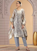 Chhap Organza Jacquard Woven and Hand Work Salwar Suit In Grey Brown Colour