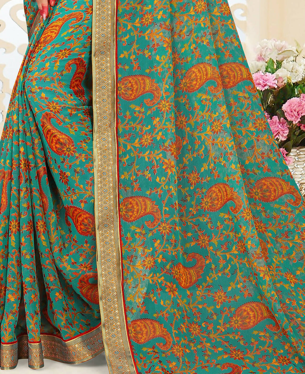 Sea Green Chiffon Brasso Printed Saree With Unstitched Blouse Piece - Jyoti
