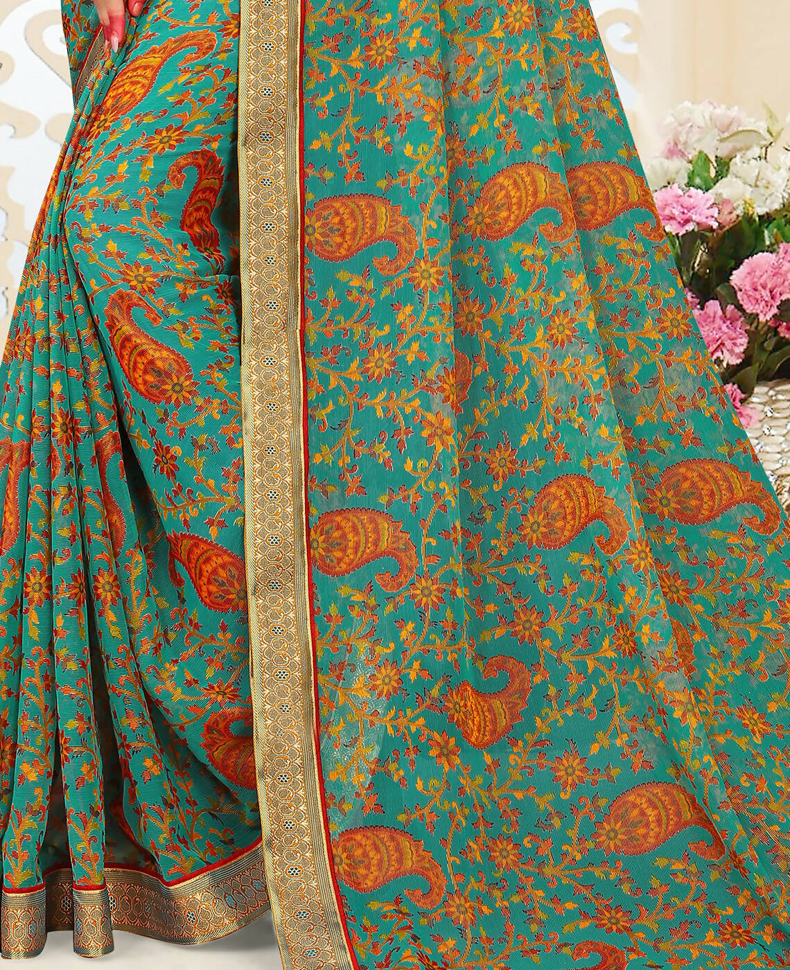 Sea Green Chiffon Brasso Printed Saree With Unstitched Blouse Piece - Jyoti