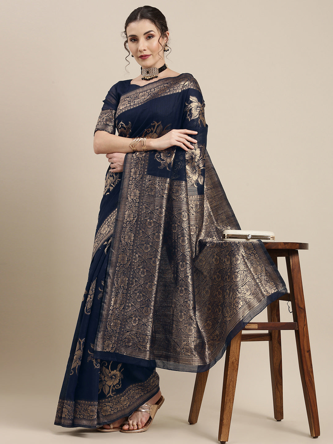 Saree Mall Navy Blue Floral Linen Blend Banarasi Saree