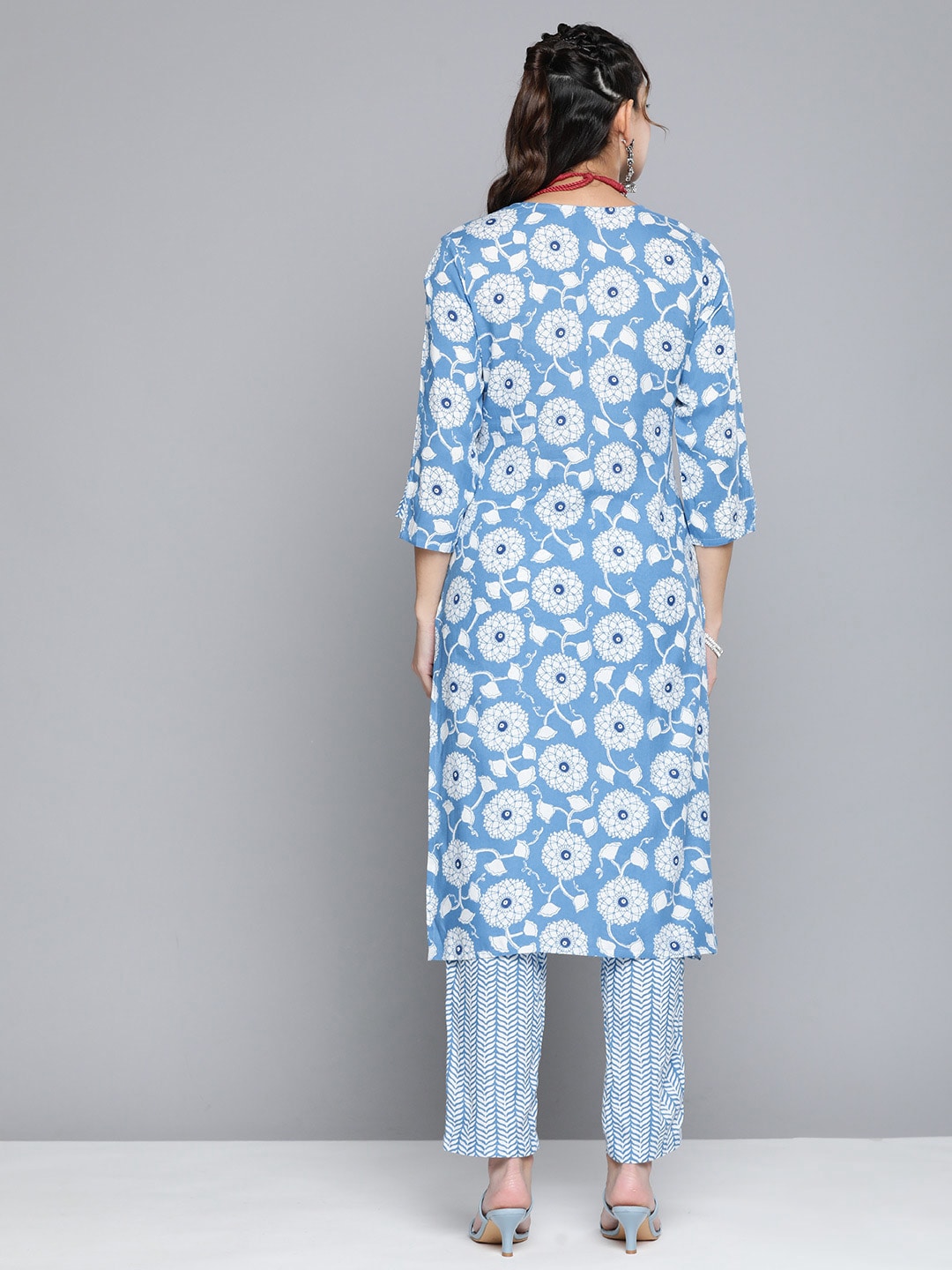 HERE&NOW Women Ethnic Motifs Printed Kantha Work Kurta With Trousers