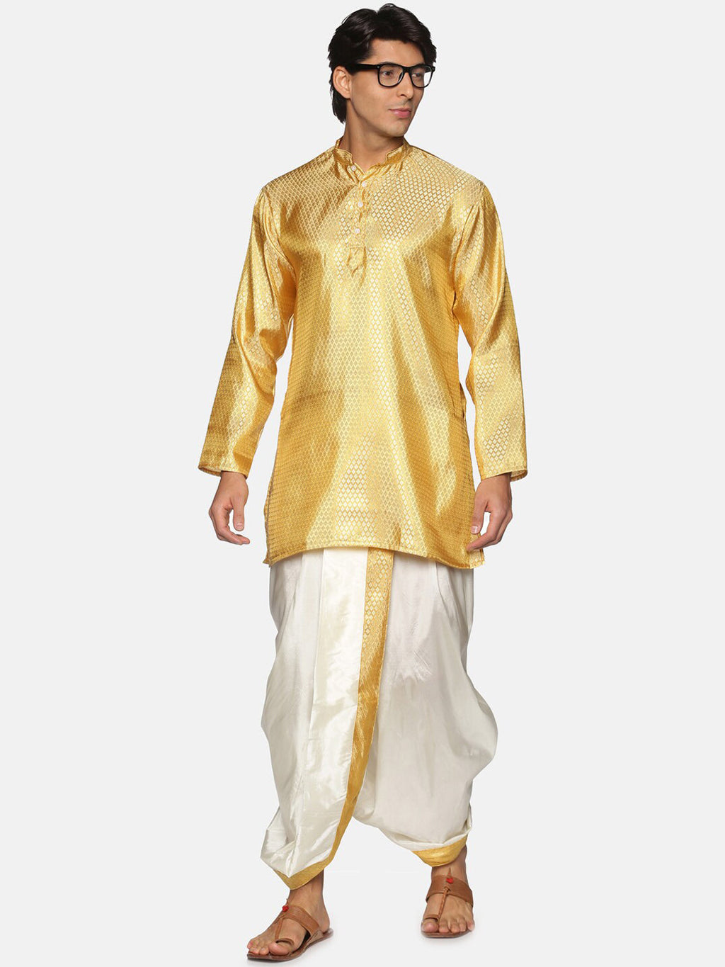 Sethukrishna Men Gold-Toned & White Kurta with Dhoti Pants