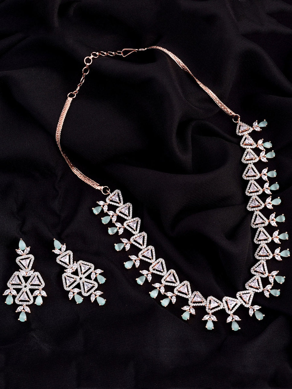 Saraf RS Jewellery Rose Gold-Polished White & Sea Green AD-Studded Handcrafted Jewellery Set
