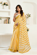 Vastranavya Yellow White Digital Printed Linen Ready To Wear Designer Saree with Unstitched Blouse
