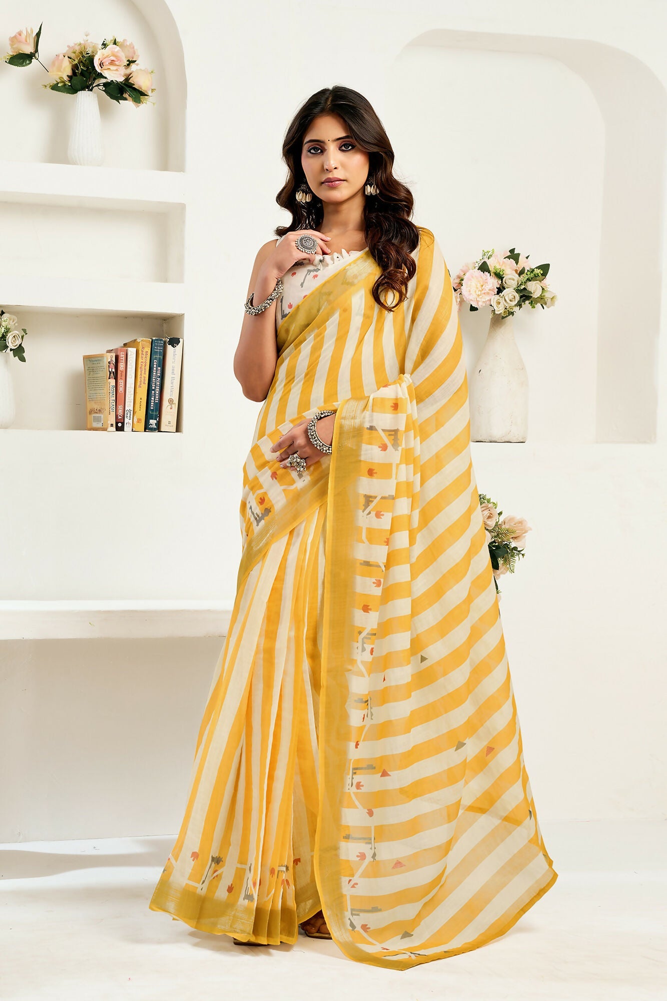 Vastranavya Yellow White Digital Printed Linen Ready To Wear Designer Saree with Unstitched Blouse