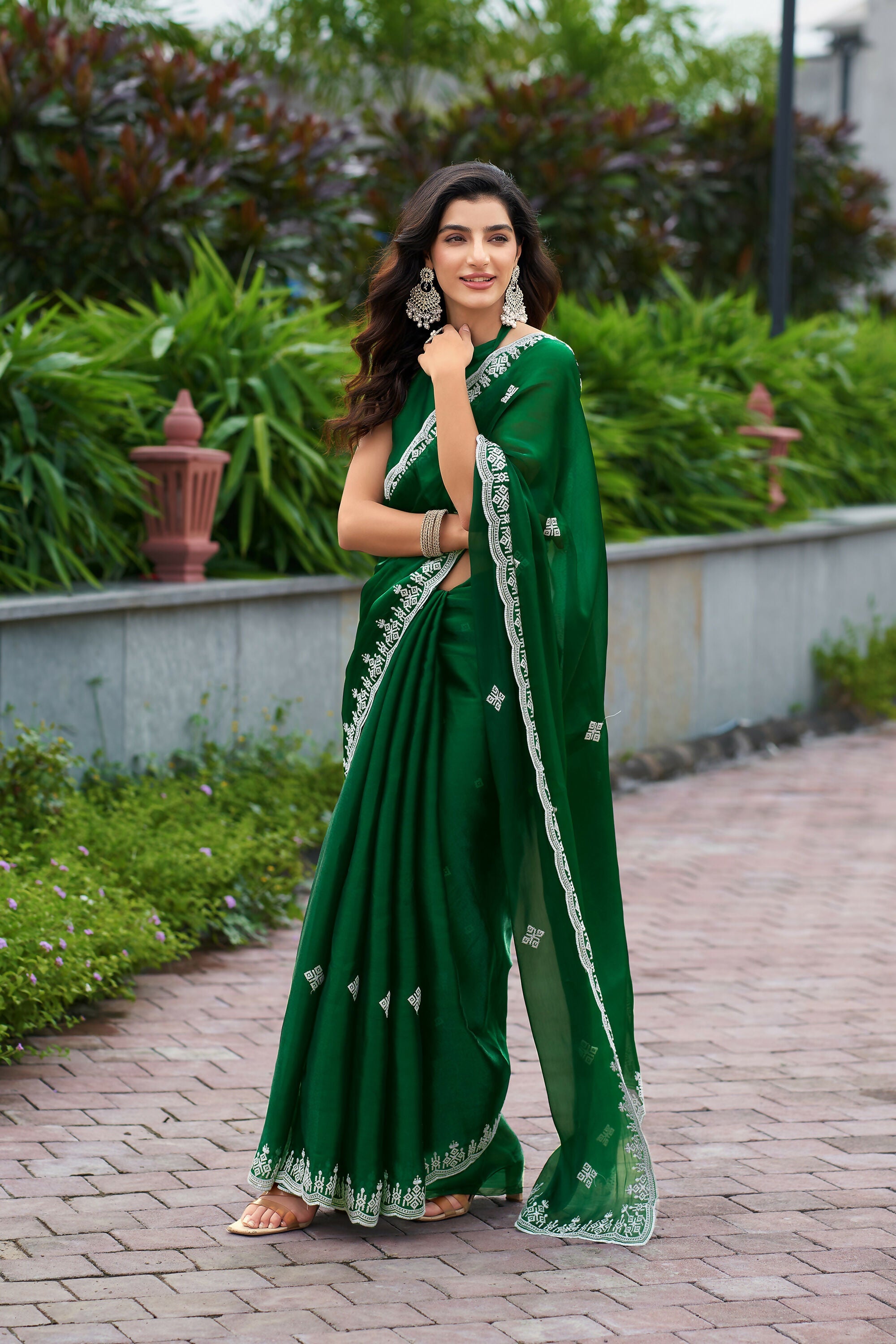 Vastranavya Green Embroidery Work Shimmer Chiffon Saree with Unstitched Blouse