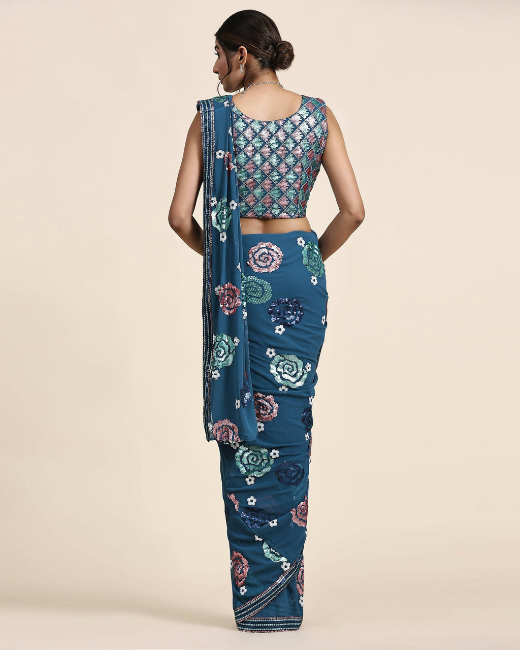 Blue Pure Georgette Sequence work Ready to wear Saree with stitched Blouse - Nirvana