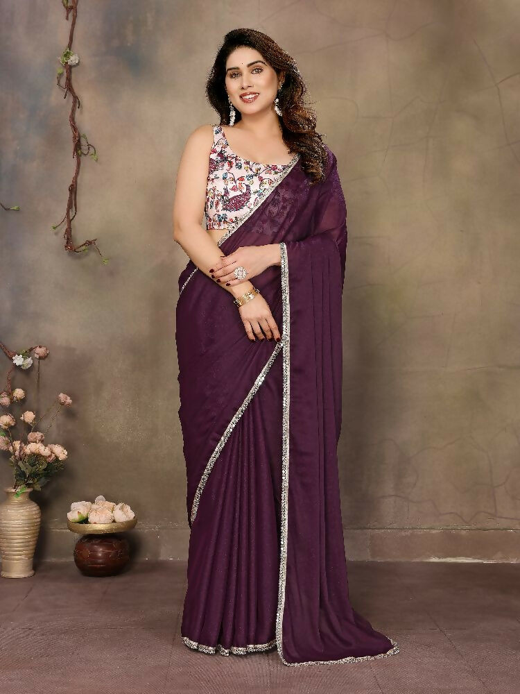 PR Fashion Wine Star Georgette Solid Georgette With Mirror Border Saree