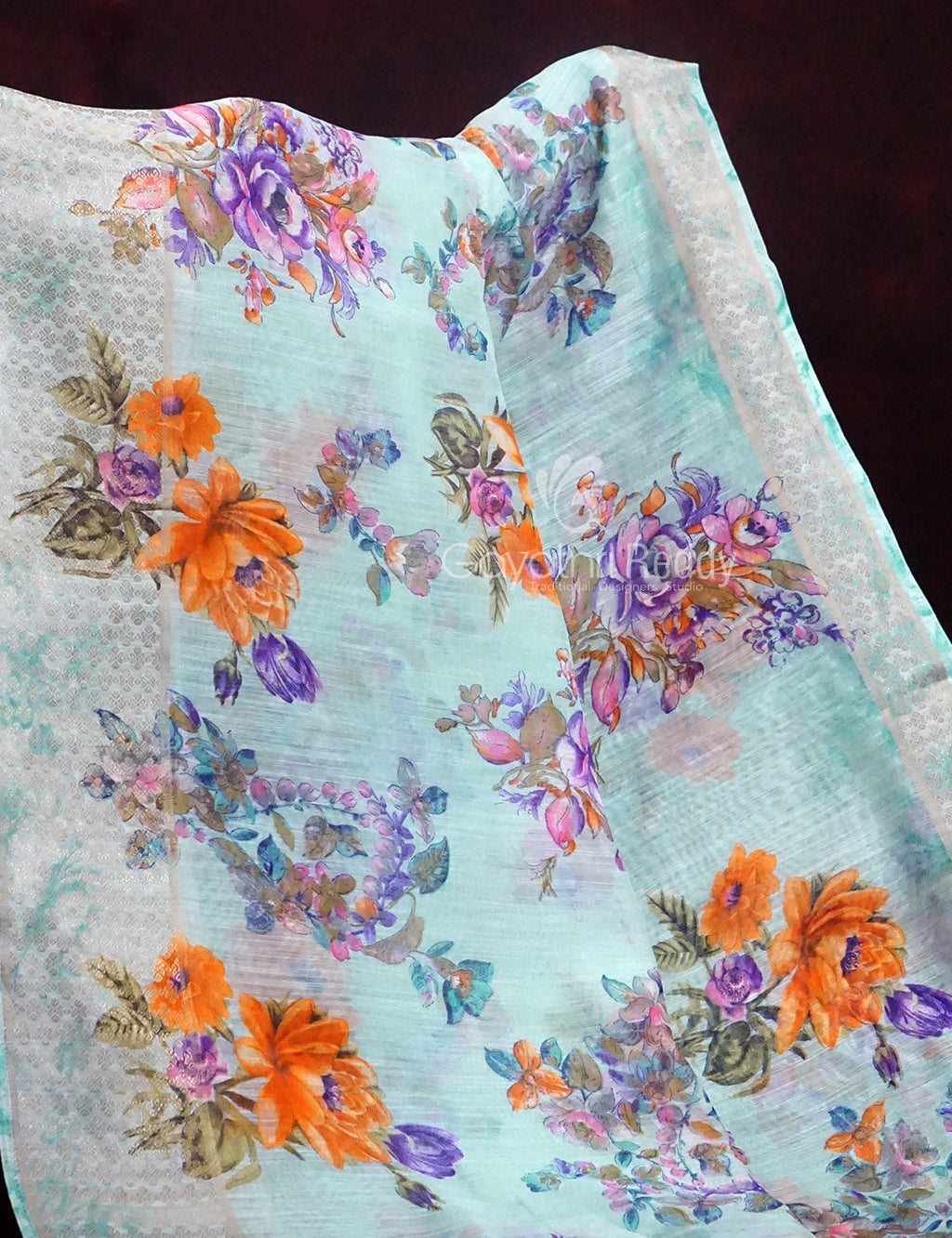 Shades of Sky Blue With Orange Blouse Floral Design Semi Chanderi Saree By Gayathri Reddy Designer Studio