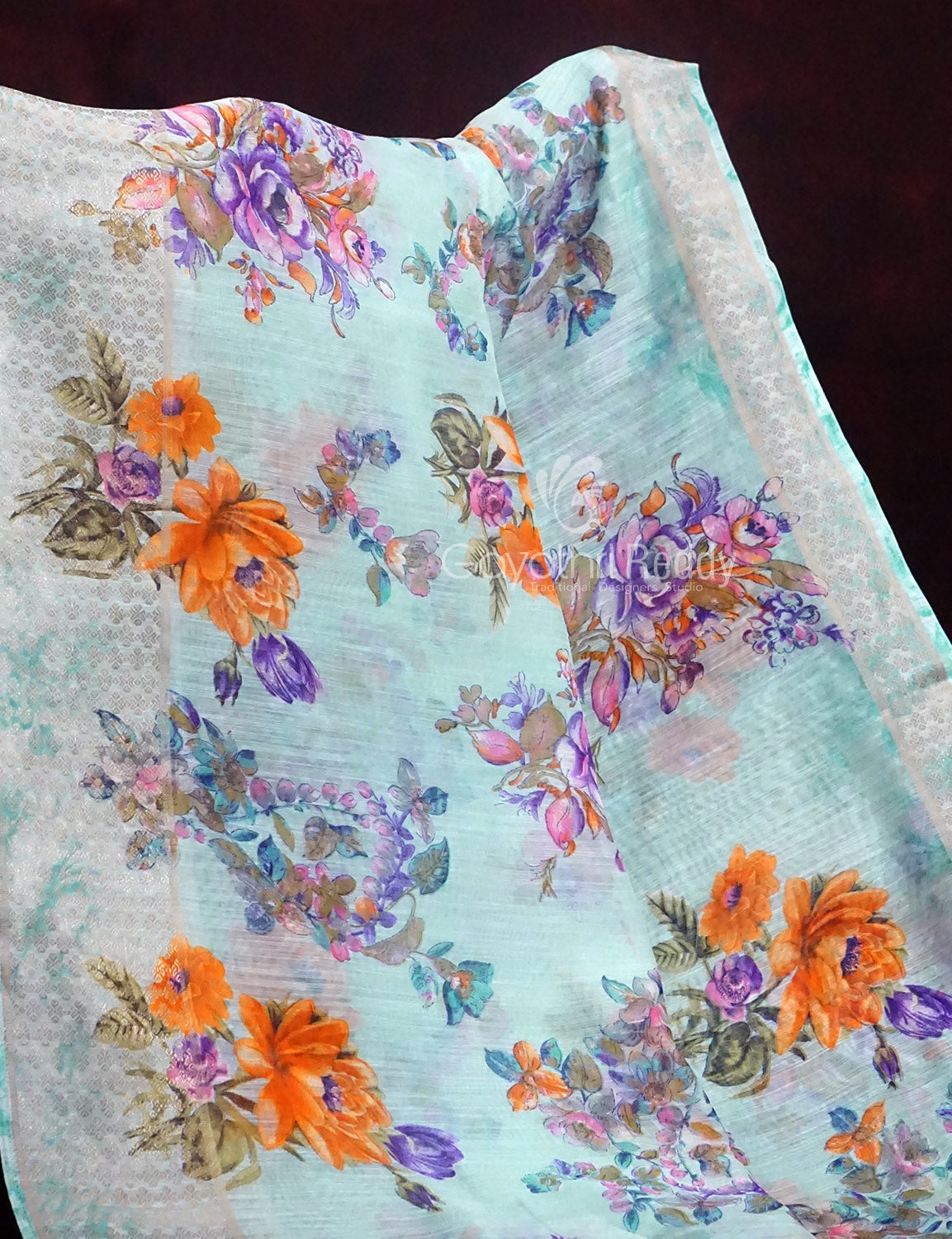 Shades of Sky Blue With Orange Blouse Floral Design Semi Chanderi Saree By Gayathri Reddy Designer Studio