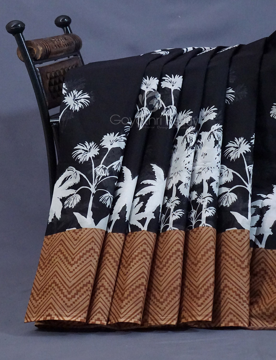 Black And Chikoo Colour Block Print Pure Mulmul Cotton Saree By Gayathri Reddy Designer Studio