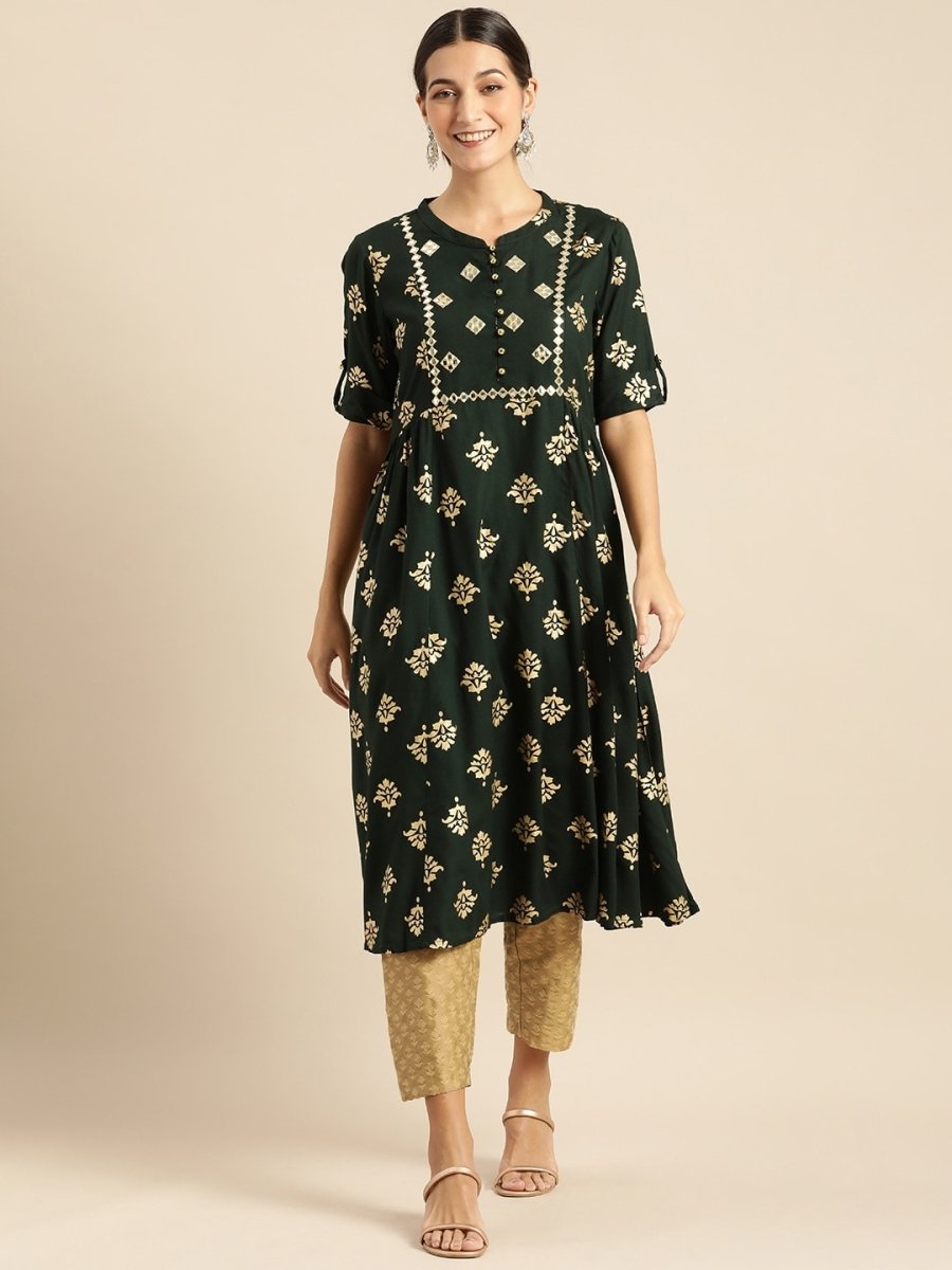 All About You Women Teal Green & Gold-Toned Ethnic Motifs Printed Mirror Work Kurta