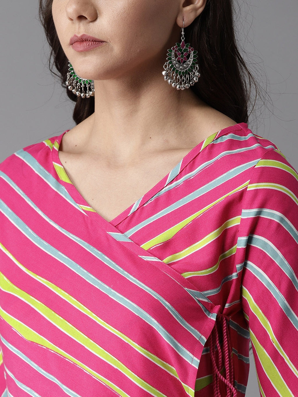HERE&NOW Women Stripes & Tie-Up A-Line Viscose Kurta