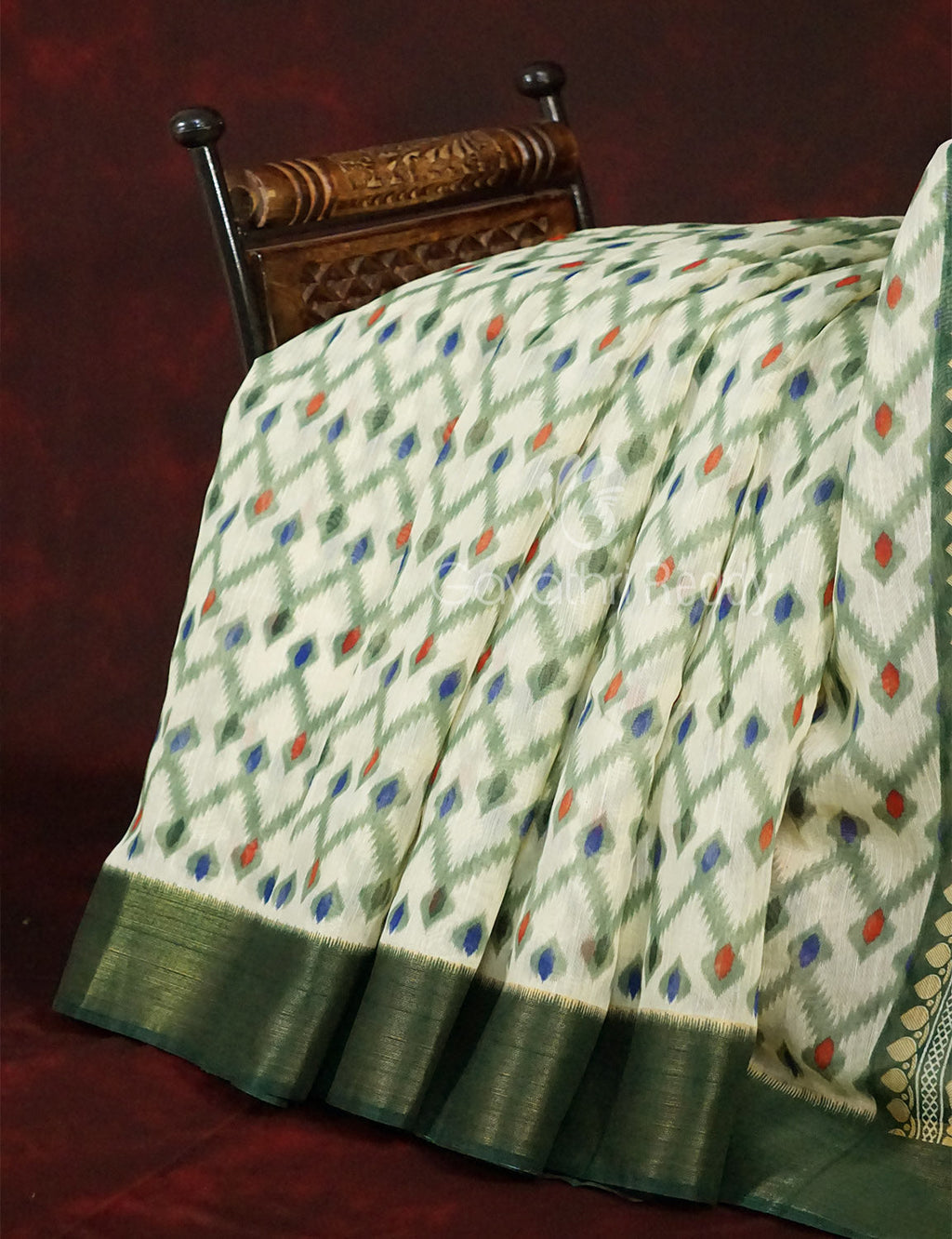 Half White And Parrot Green Colour Ikat Design Semi Chanderi Saree By Gayathri Reddy Designer Studio