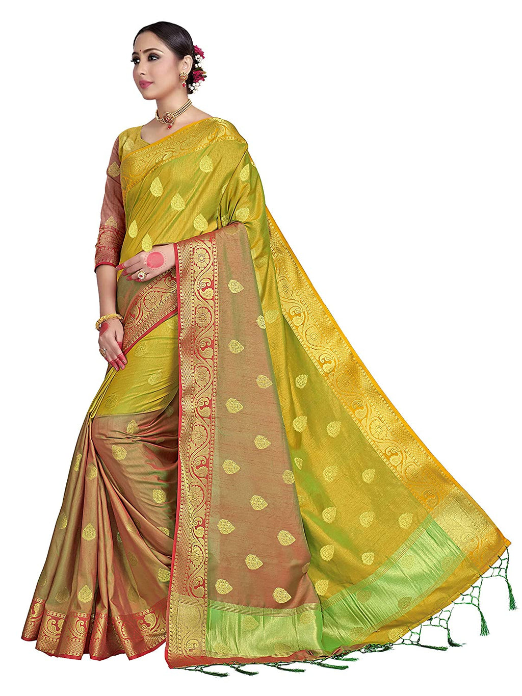 Vardha Women's Yellow Woven Raw Silk Saree