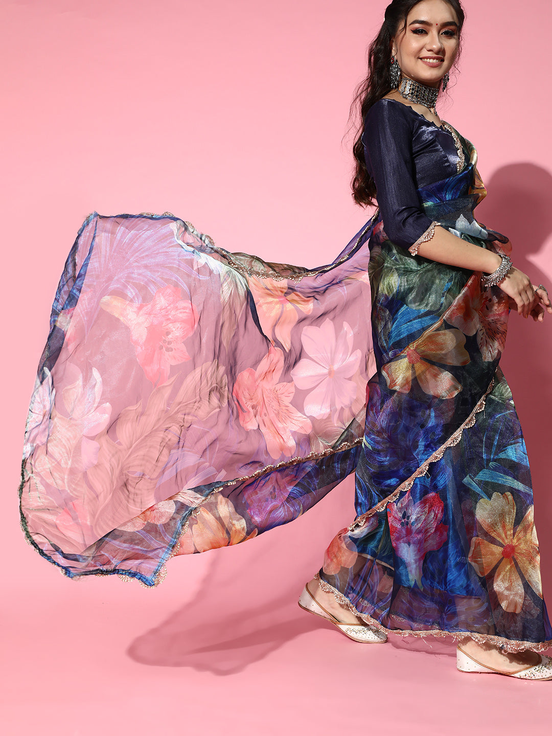 Tikhi Imli Navy Blue Saree with Zari border