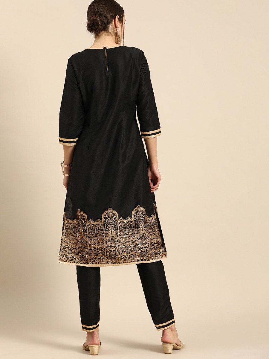 All About You Women Black & Gold Printed Regular Kurta with Trousers